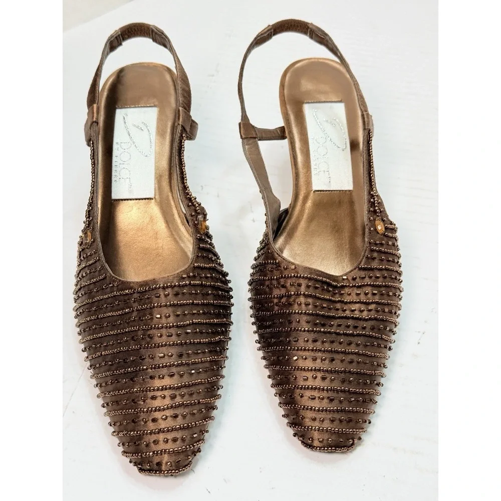 Dolce by Pierre Eleganza Women's Bronze‎ Beaded Slingback Heels Size 7.5M